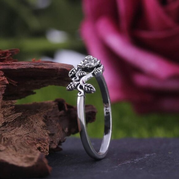 Women's Tiny Rose Flower Silver Ring Stacking Minimalist Personalized - Picture 4 of 8